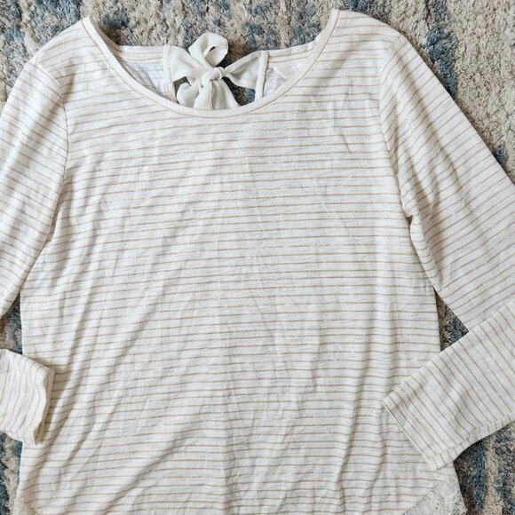 Lauren Conrad Top White Gold Stripe Rayon Stretch Knit Lace Trim || Med EUC - Picture 4 of 15